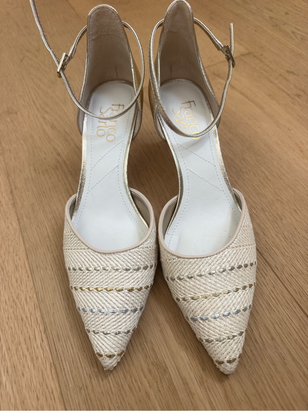 Franco Sarto Cream Braided Pointed-Toe Ankle-Strap Heels with Metallic Accents.